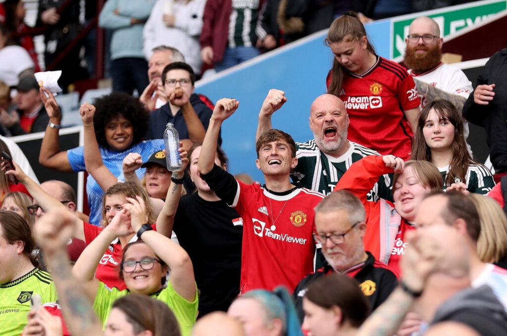 Manchester United fans watch from the stands during the Barclays Women's Super League match between Aston Villa and Manchester United at Villa Park, Birmingham, UK., Oct. 1, 2023. (Getty Images Photo)