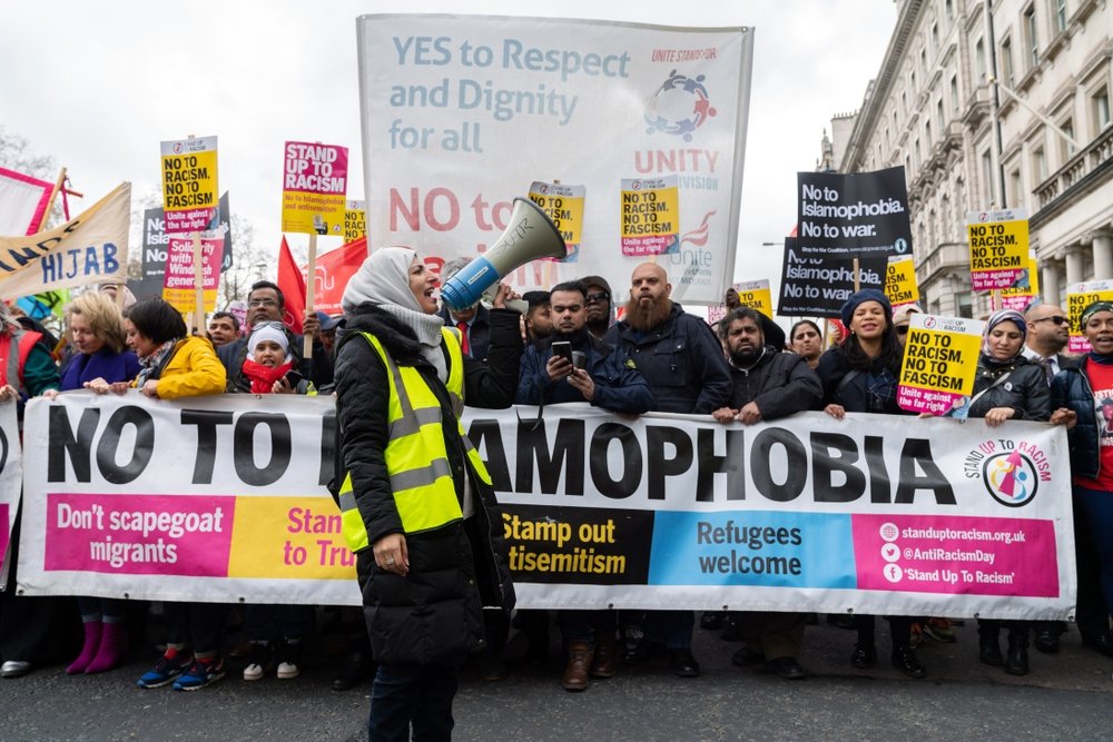 A protester shouts "No To Islamophobia" during a protest in London, U.K., Feb. 16, 2019. (Shutterstock Photo)