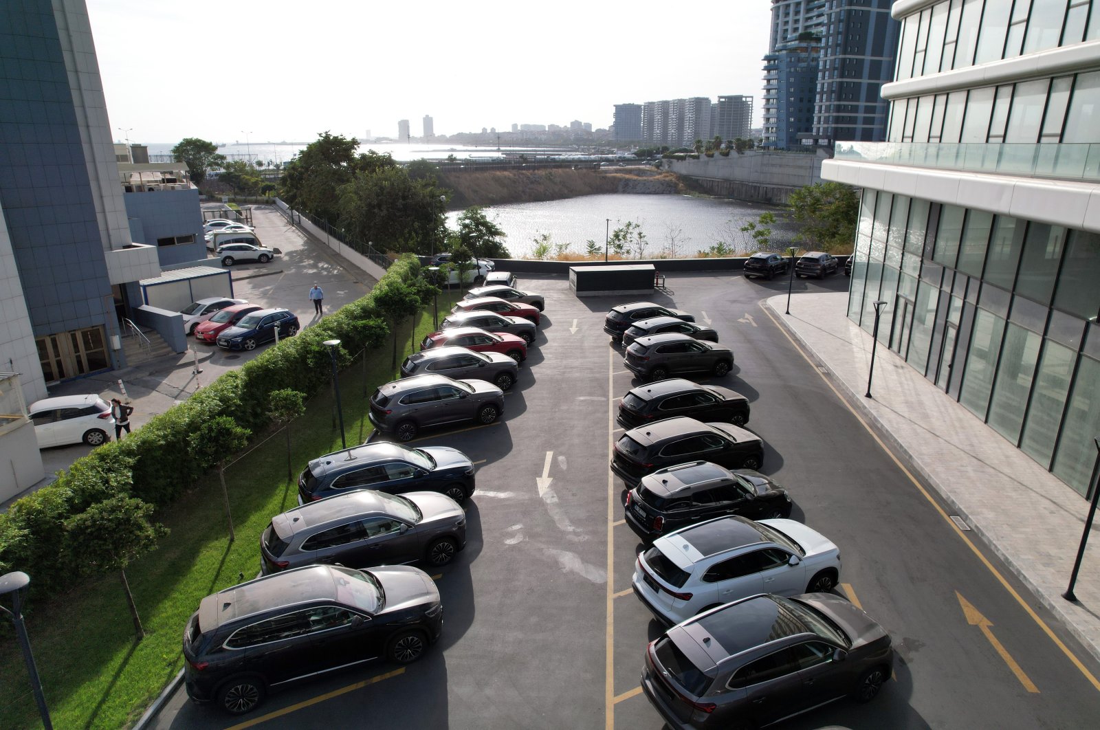 T10Xs, fully electric SUV models of Türkiye's first domestic car brand, Togg, are parked near a showroom in Istanbul, Türkiye, Sept. 27, 2023. (IHA Photo)
