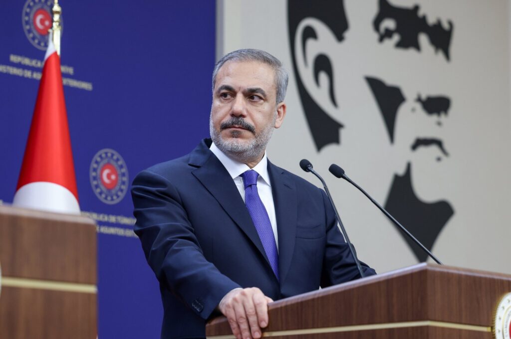 Foreign Minister Hakan Fidan speaks at a news conference with TRNC counterpart in Ankara, Oct. 4, 2023. (AA Photo)