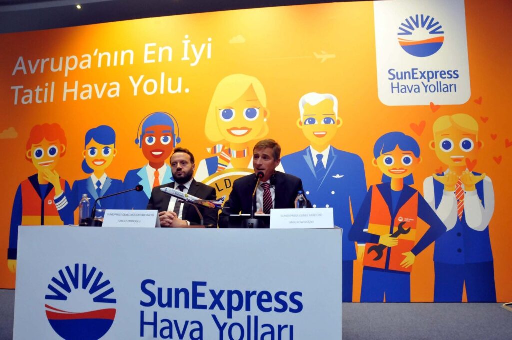 SunExpress CEO Max Kownatzki (R) speaks alongside SunExpress Deputy General Manager Tuncay Eminoğlu during a meeting with journalists in Antalya, southern Türkiye, Sept. 6, 2023. (DHA Photo)