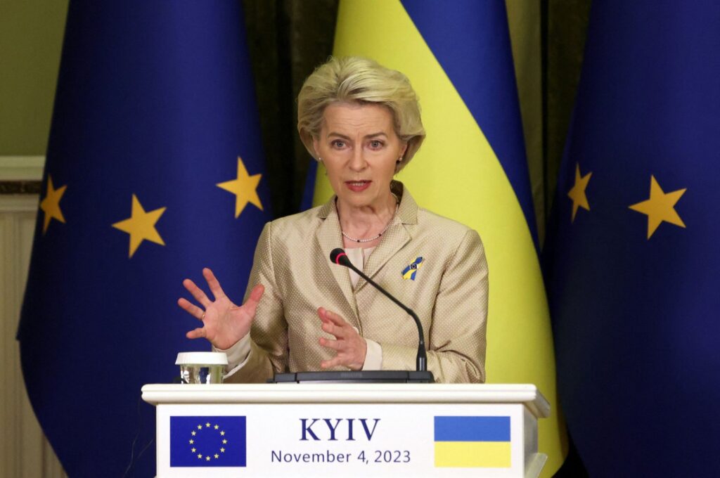 European Commission President Ursula von der Leyen speaks during a joint news conference with Ukraine's President following their talks in Kyiv on Nov. 4, 2023. (AFP Photo)