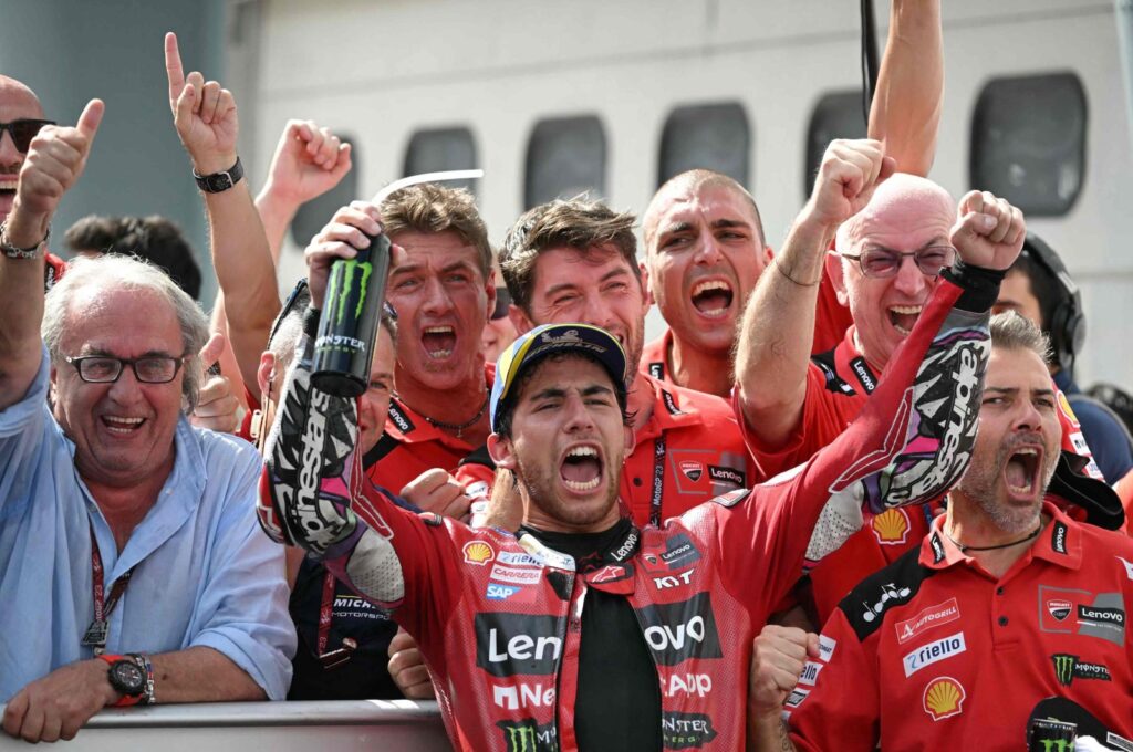 Winner Ducati Lenovo Team's Italian rider Enea Bastianini celebrates with his team after the MotoGP Malaysian GP, Sepang, Malaysia, Nov. 12, 2023. (AFP Photo)