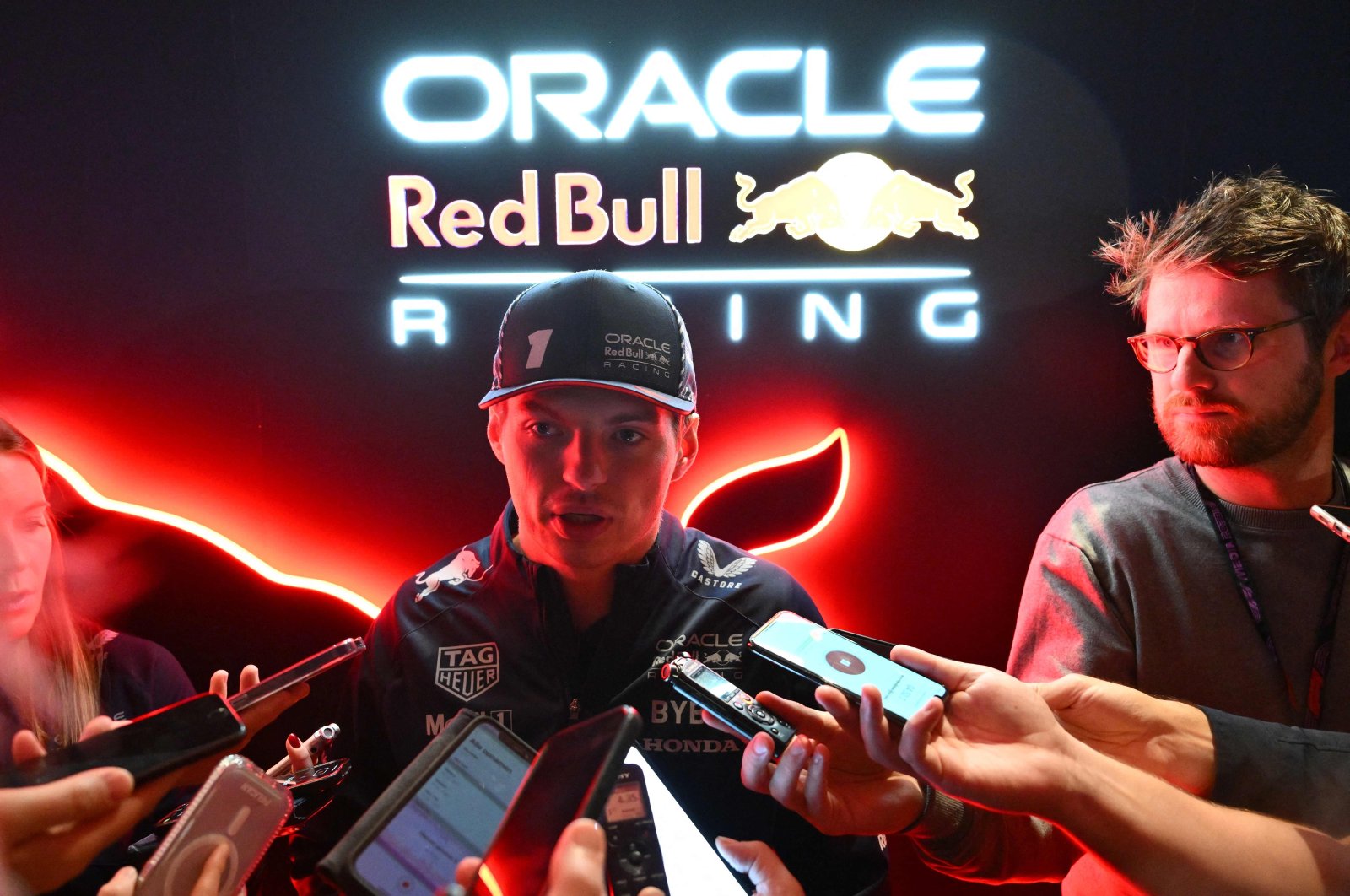 Red Bull Racing's Dutch driver Max Verstappen speaks to the press after the opening ceremony for the Las Vegas Grand Prix, Las Vegas, U.S., Nov. 15, 2023. (AFP Photo)