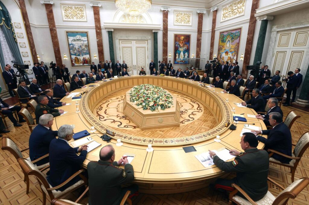 This pool photograph distributed by Russian state agency Sputnik shows Russia's President Vladimir Putin attending a meeting of leaders of the Collective Security Treaty Organisation (CSTO), a Russia-led security alliance comprising six post-Soviet states, in the Belarusian capital Minsk on Nov. 23, 2023. (AFP Photo)