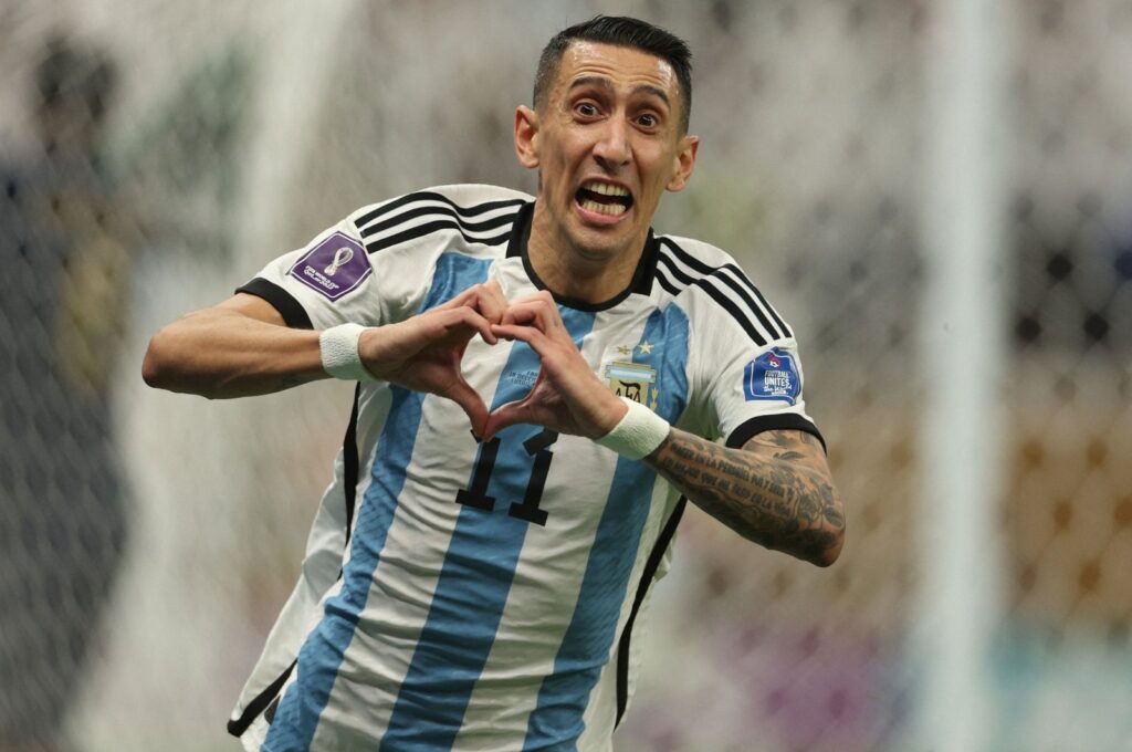 Argentina's midfielder Angel Di Maria celebrates scoring his team's second goal during the Qatar 2022 World Cup final football match between Argentina and France at Lusail Stadium, Lusail, Qatar, Dec. 18, 2022. (AFP Photo)