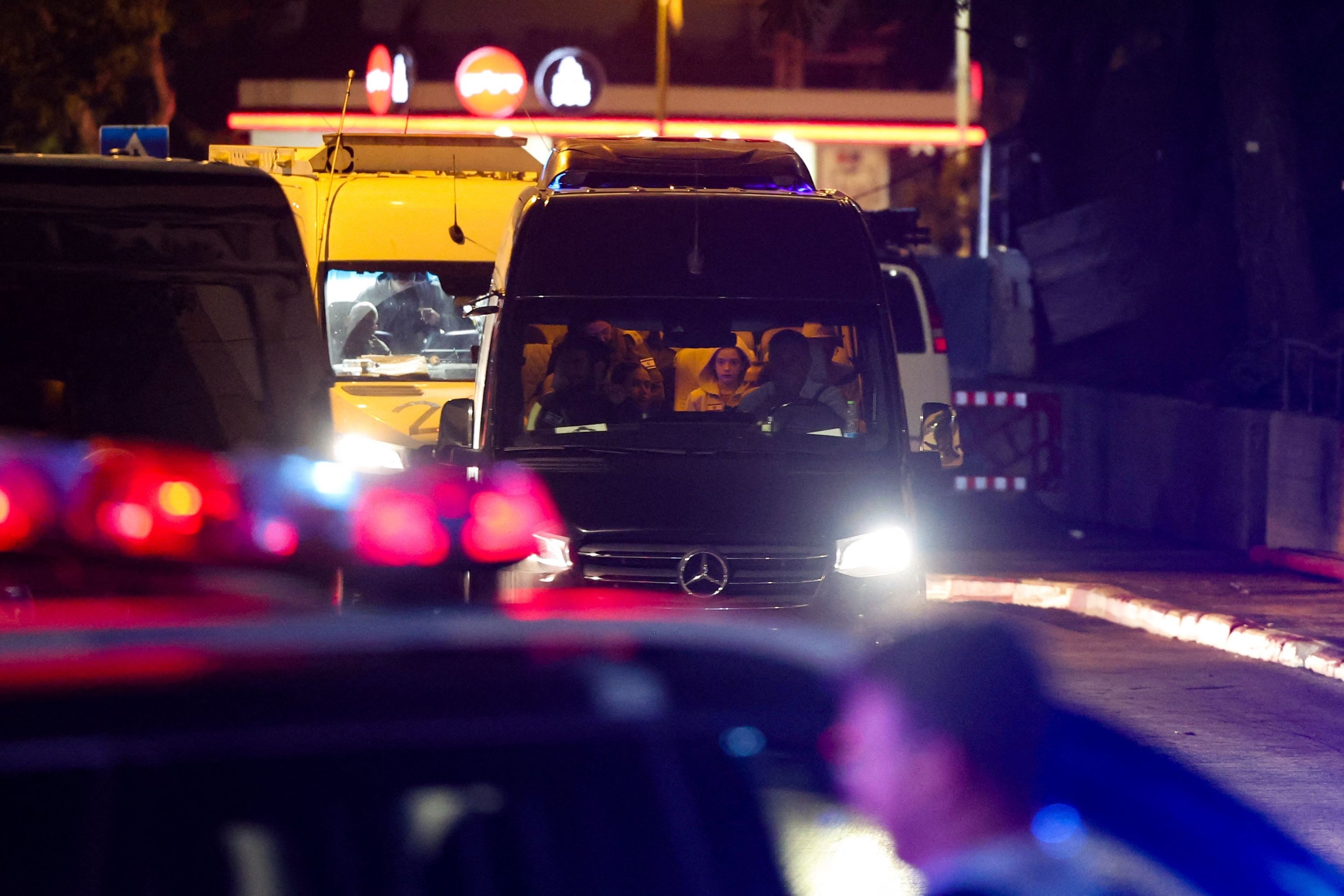 302774 A convoy carrying Israeli hostages released by Hamas from the Gaza Strip arrives at the Sheba Medical Center in Ramat Gan, Israel, Nov. 26, 2023. (AFP Photo)