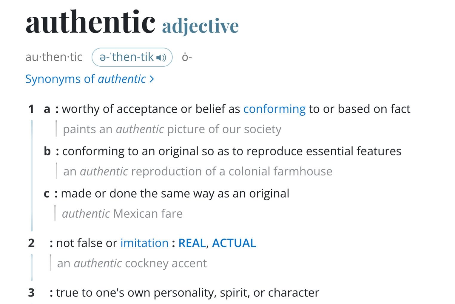 This image released by Merriam-Webster shows an online dictionary entry for the word "authentic" Nov. 27, 2023. (Photo AP)