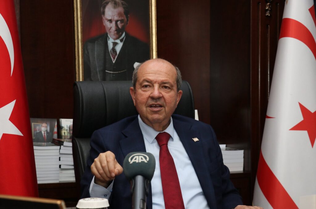 Turkish Republic of Northern Cyprus (TRNC) President Ersin Tatar speaks to Anadolu Agency (AA) in Ankara, Türkiye, Nov.27, 2023 (AA Photo)
