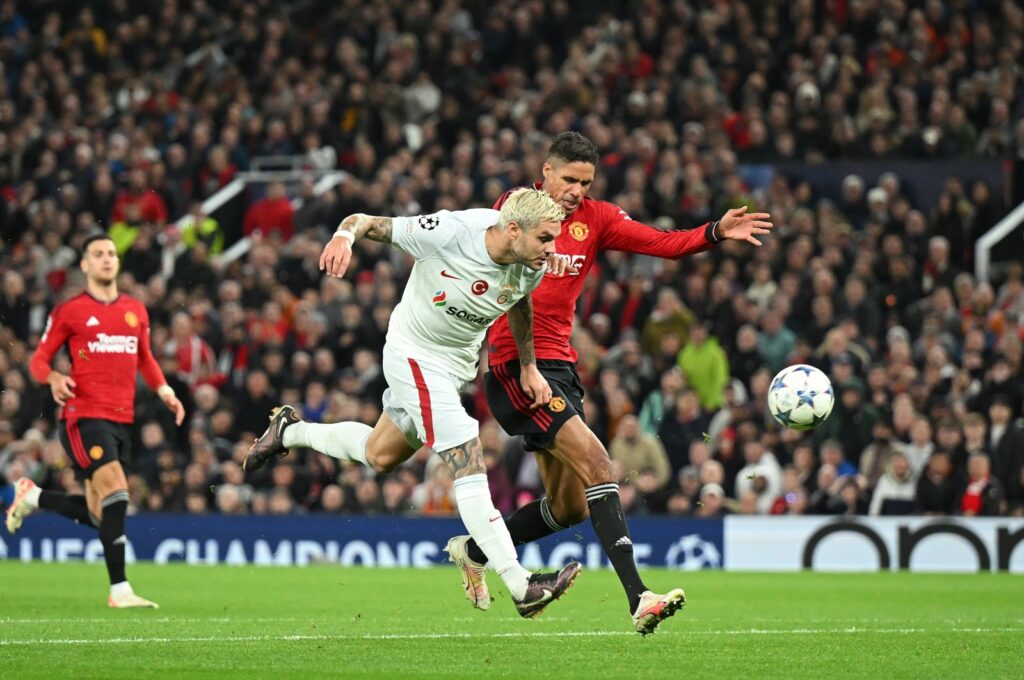 Galatasaray's Mauro Icardi scores the team's third goal during the UEFA Champions League match against Manchester United at Old Trafford, Manchester, U.K., Oct. 03, 2023. (Getty Images Photo)