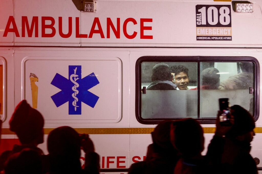 An ambulance carries the survivors after a tunnel collapse, Uttarakhand, India, Nov. 28, 2023. (Reuters Photo)