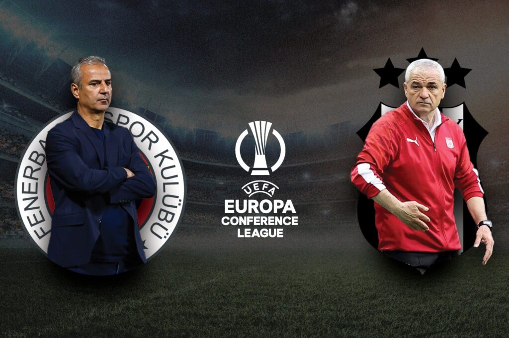 The illustration shows the Conference League logo between Fenerbahçe coach Ismail Kartal (L) and Beşiktaş's coach Rıza Çalımbay. (Illustration by Mehmet Mücahıt Yılmaz)