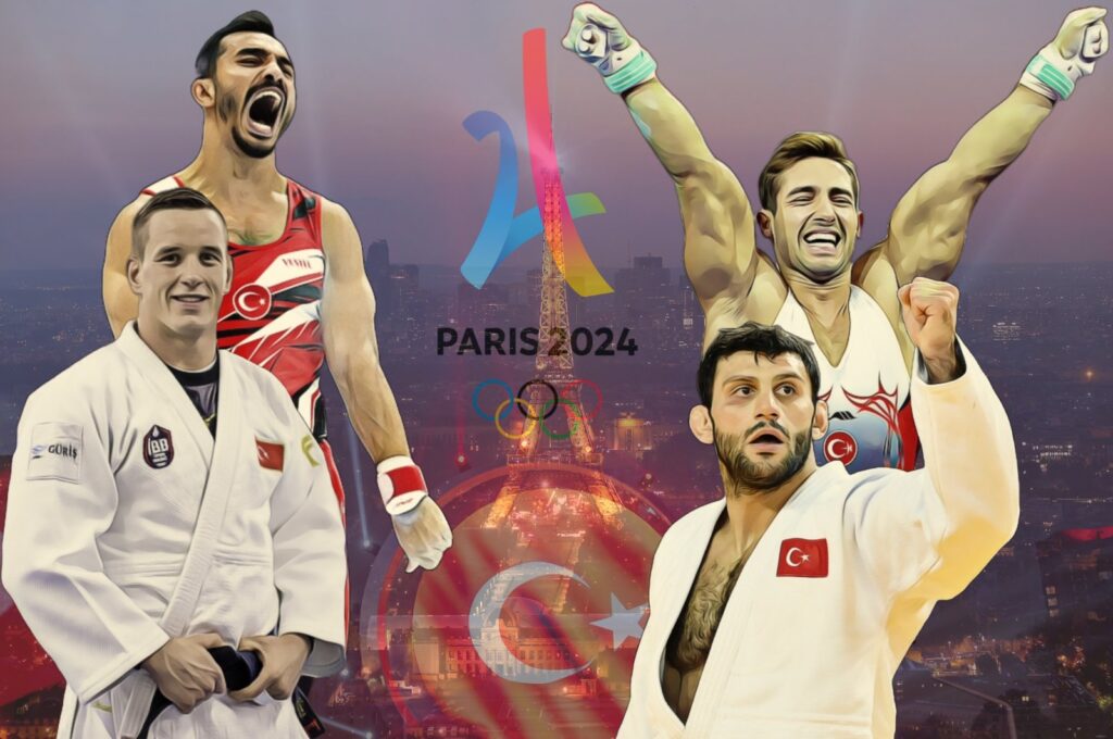 The illustration shows Turkish athletes (L-R) Mihael Zgank, Ferhat Arıcan, Vedat Albayrak and İbrahim Çolak. (Illustration by Kelvin Ndunga)