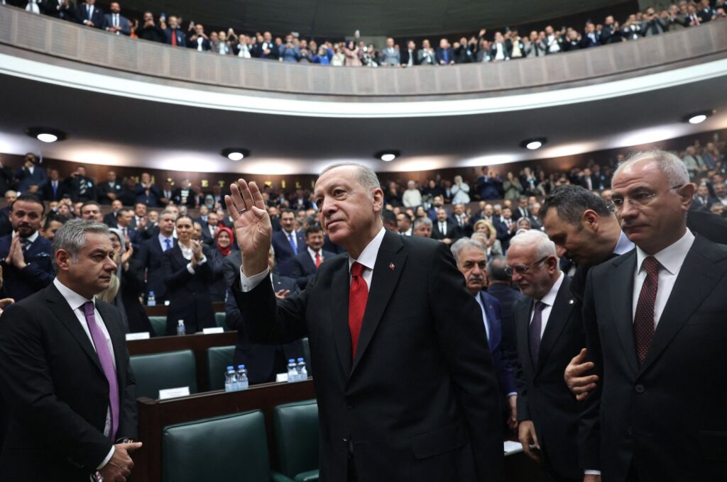 President Recep Tayyip Erdoğan attends his party's group meeting at the Turkish Grand National Assembly in Ankara, Türkiye, Nov. 29, 2023. (AFP Photo)