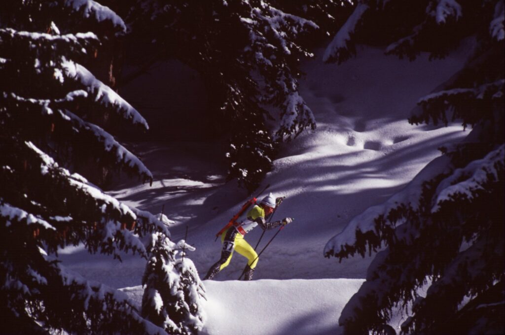 Slovakia's Saso Grajf makes his way through the trees during the men’s 20km biathlon event at the 1992 Winter Olympics held, Albetville, France, Feb. 20, 1992. (Getty Images Photo)