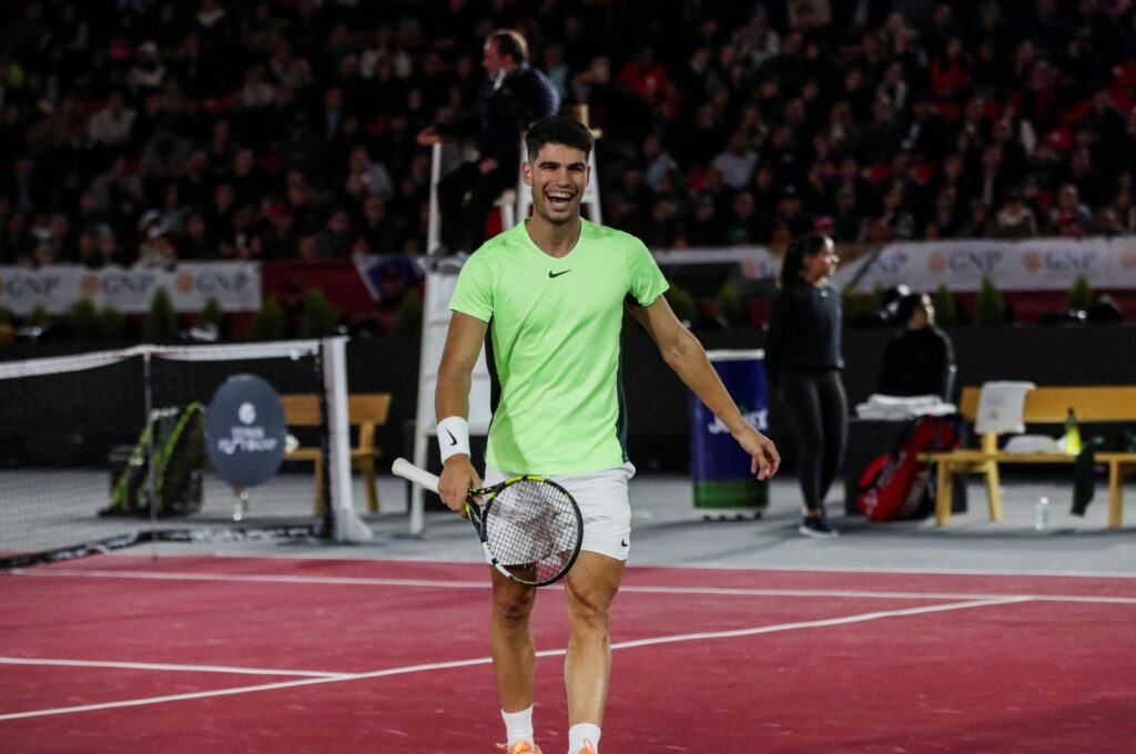 Spain's Carlos Alcaraz reacts during his exhibition match against Tommy Paul of the U.S., at TennisFest in La Plaza de Toros Mexico, Mexico City, Mexico, Nov. 29, 2023. (Reuters Photo)