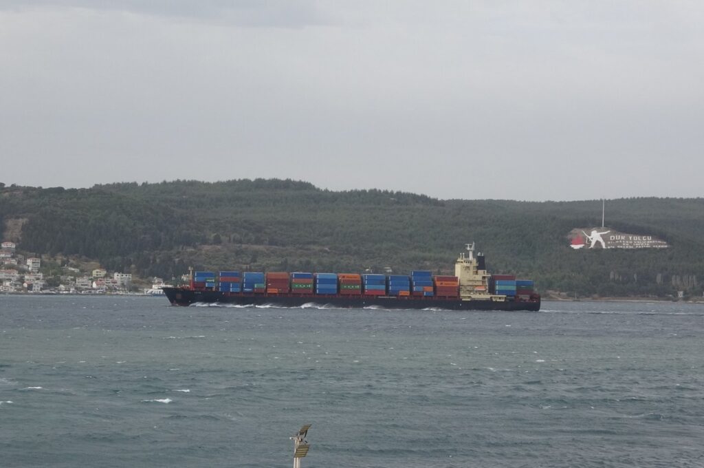 A container ship sails through the Çanakkale Strait, Türkiye, Nov. 4, 2023. (IHA Photo)