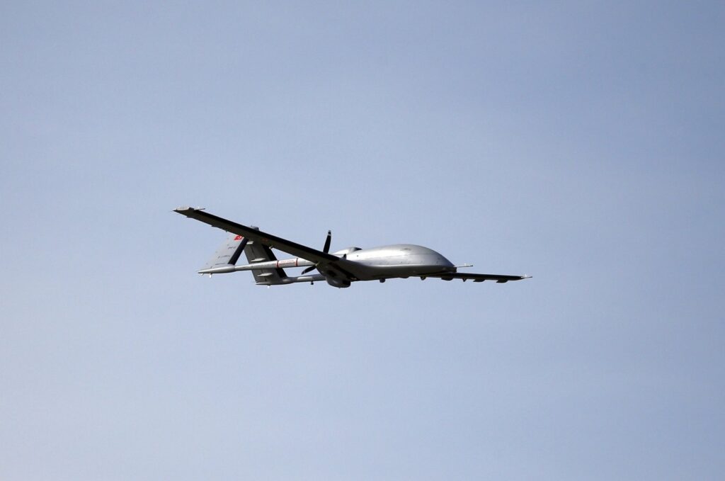 Türkiye's new aircraft carrier-capable combat drone, the Bayraktar TB3, is seen in the air during a test flight, undisclosed location, Nov. 10, 2023. (AA Photo)