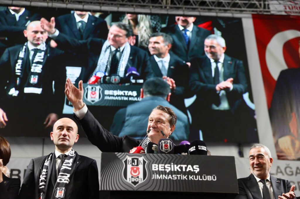 Beşiktaş's new President Hasan Arat delivers a speech after his election at the BJK Sports Complex, Istanbul, Türkiye, Dec. 3, 2023. (AA Photo)