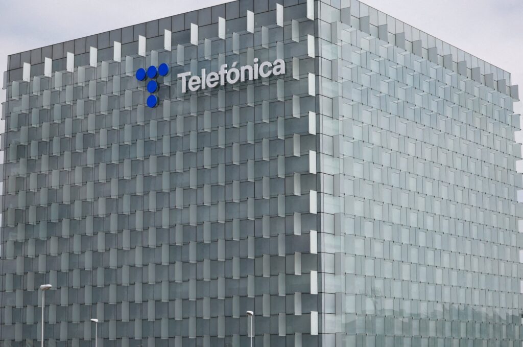 The logo of Spanish telecoms firm Telefonica is seen atop the company's building in Madrid, Spain, Sept. 6, 2023. (Reuters Photo)