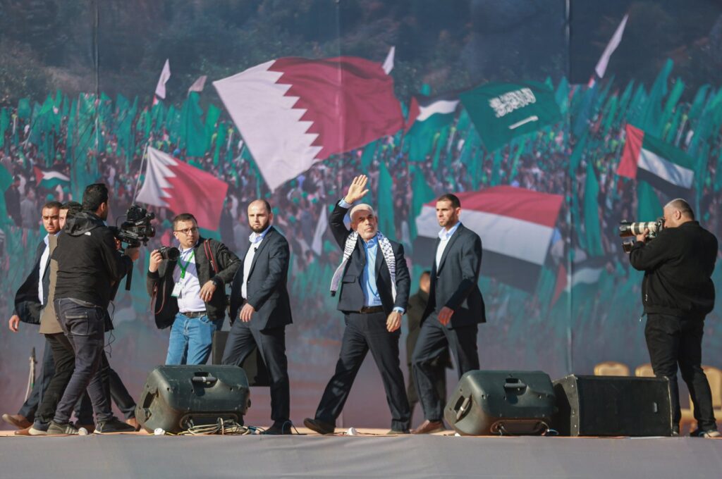 Yahya Sinwar, Hamas' leader in Gaza, takes part in a rally in Gaza, Palestine, Dec. 14, 2022. (DPA Photo)
