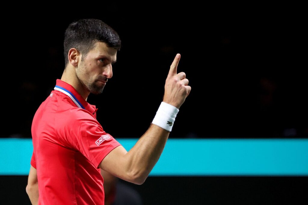 Novak Djokovic reacts during the semifinal match against Italy in the Davis Cup Final at Palacio de Deportes Jose Maria Martin Carpena, Malaga, Spain, Nov. 25, 2023. (Getty Images Photo)