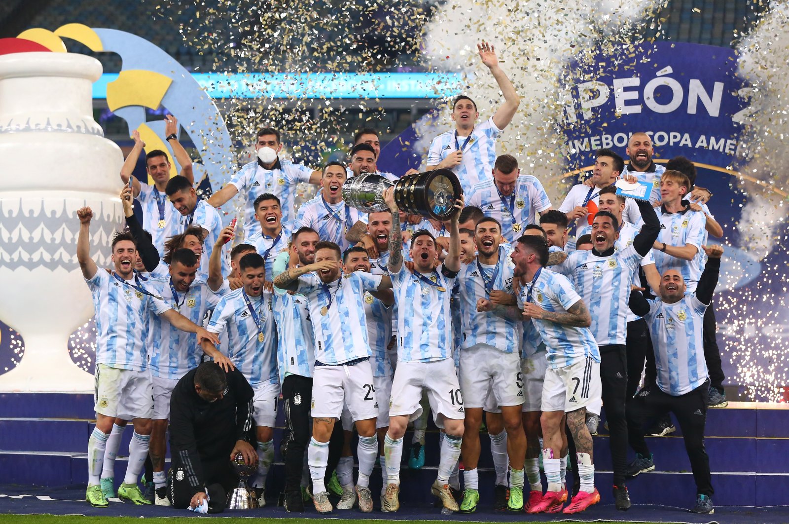 Argentina players celebrate after winning the final of Copa America Brazil 2021 against Brazil at Maracana Stadium, Rio de Janeiro, Brazil, July 10, 2021. (Getty Images Photo)