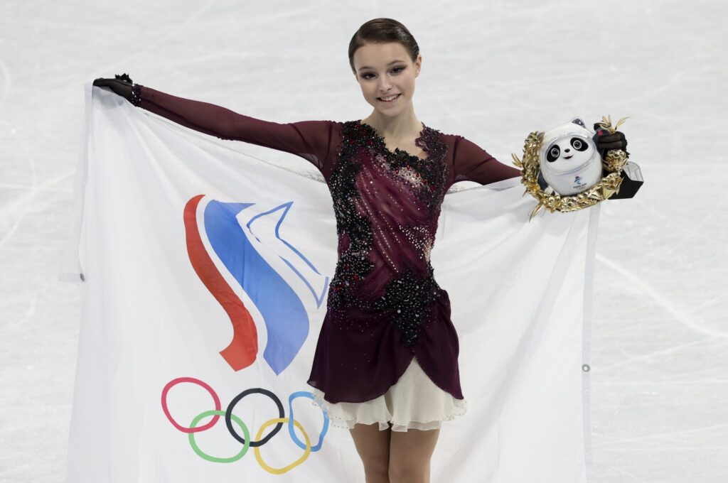 Russia's gold medallist Anna Shcherbakova celebrates during the Women Single Skating Free Skating flower ceremony on day thirteen of the Beijing 2022 Winter Olympic Games at Capital Indoor Stadium, Beijing, China, Feb. 17, 2022. (Getty Images Photo)