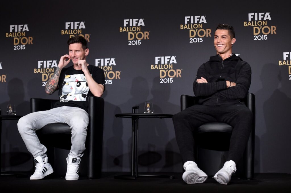 FIFA Ballon d'Or 2015 nominees Lionel Messi of Argentina and FC Barcelona and Cristiano Ronaldo of Portugal and Real Madrid answer media questions during a news conference prior to the FIFA Ballon d'Or Gala 2015 at the Kongresshaus, Zurich, Switzerland, Jan. 11, 2016.  (Getty Images Photo)