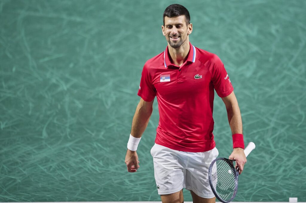 Serbia's Novak Djokovic looks on during the semifinal match against Jannik Sinner and Lorenzo Sonego of Italy in Davis Cup Final at Palacio de Deportes Jose Maria Martin Carpena, Malaga, Spain, Nov. 25, 2023. (Getty Images Photo)