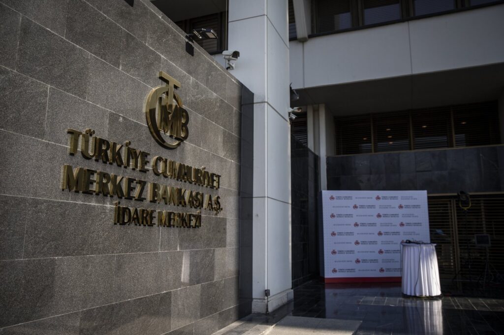 The logo of the Central Bank of the Republic of Türkiye (CBRT) at the entrance of the bank's headquarters in the capital Ankara, Türkiye, Oct. 28, 2020. (AA Photo)