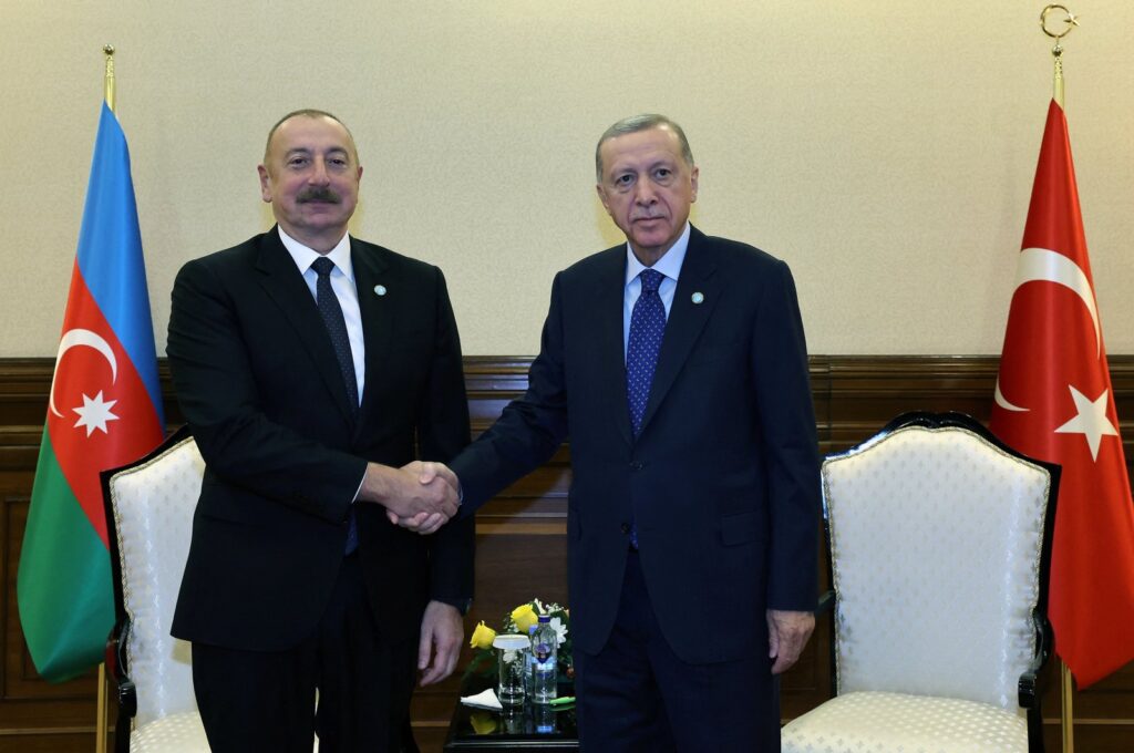 Turkish President Tayyip Erdoğan (R) meets with Azerbaijani President Ilham Aliyev during the Meeting of the Council of Heads of State of the Organization of Turkic States, in Astana, Kazakhstan Nov. 3, 2023. (Reuters Photo)