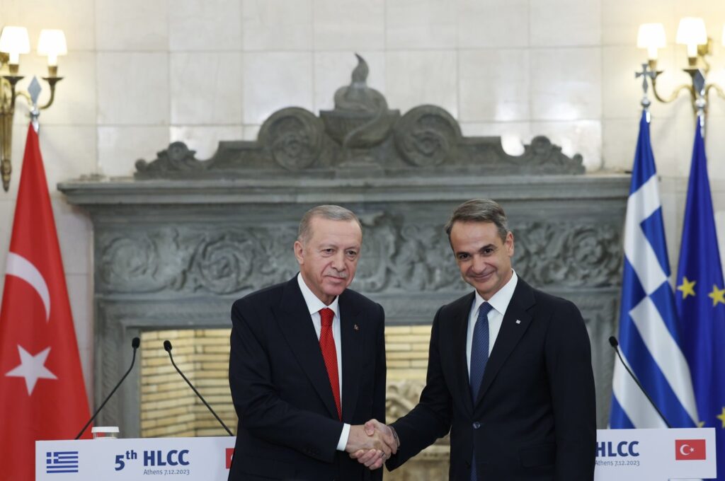 President Recep Tayyip Erdoğan poses for a photograph during a meeting with Greek Prime Minister Kyriakos Mitsotakis at the Maximos Mansion, Athens, Greece, Dec. 7, 2023. (EPA Photo)