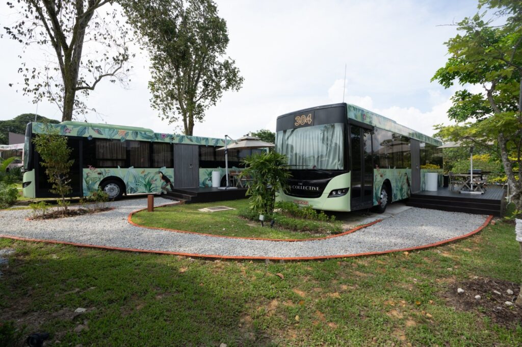 The resort hotel "The Bus Collective" comprises 20 discarded buses that have been converted into luxury suites, Changi Village, Singapore, Nov. 5, 2023. (dpa Photo)