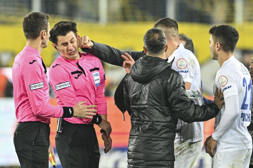 Ankaragücü president Faruk Koca punches referee Halil Umut Meler in the face after a Süper Lig match, Ankara, Türkiye, Dec. 11, 2023.