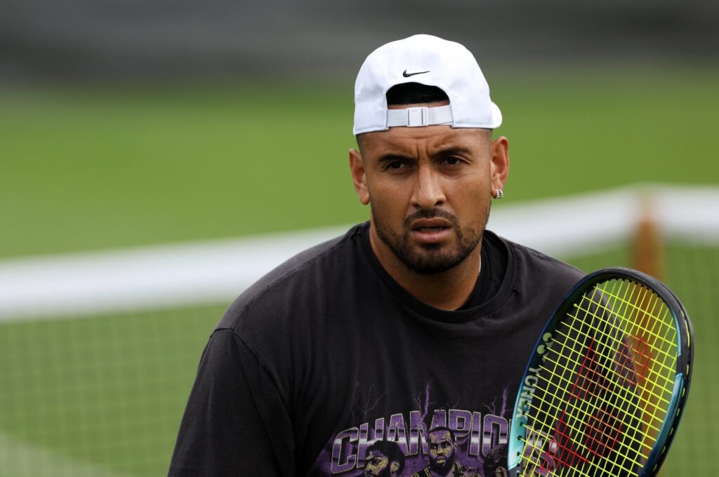 Australia's Nick Kyrgios looks on during a practice session ahead of The Championships - Wimbledon 2023 at All England Lawn Tennis and Croquet Club, London, U.K., July 2, 2023. (Getty Images Photo)