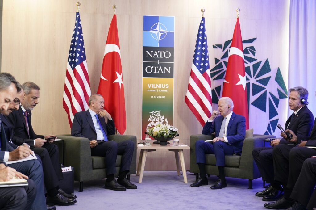 President Recep Tayyip Erdoğan and U.S. President Joe Biden meet on the sidelines of the NATO summit in Vilnius, Lithuania, July 11, 2023. (AP Photo)