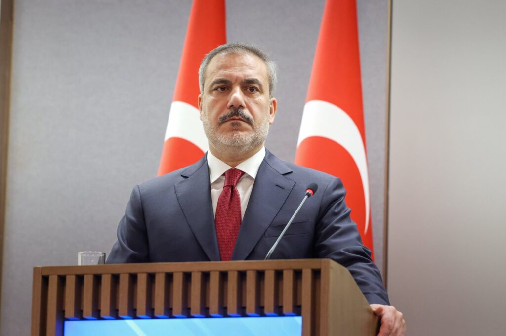 Foreign Minister Hakan Fidan is seen during a press conference with his Azerbaijani counterpart in Baku, Azerbaijan, Dec.14, 2023 (AA Photo)
