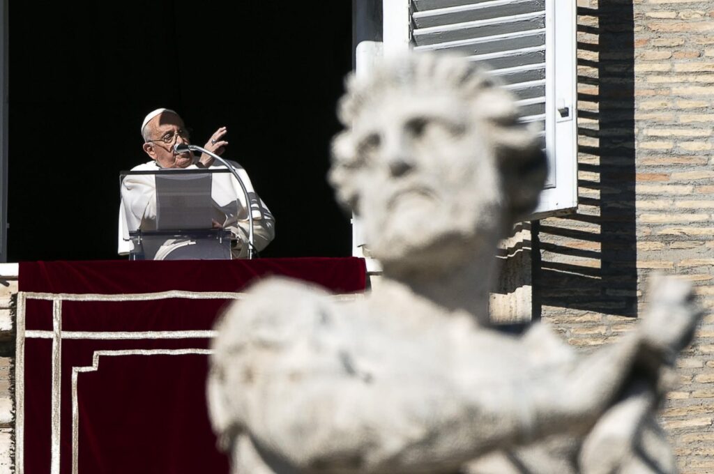 Pope Francis addresses the crowd from the window of the apostolic palace overlooking St. Peter's Square, Vatican City, Dec. 17, 2023. (EPA Photo)