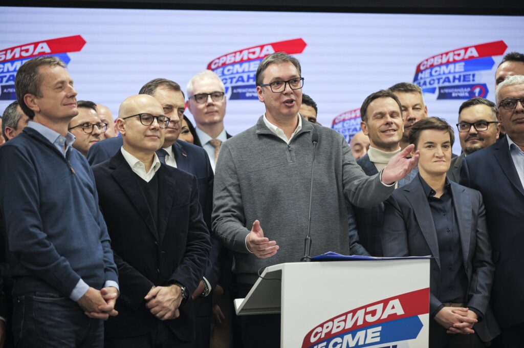 Serbian president Aleksandar Vucic (C) addresses the media at the SNS party headquarters, in Belgrade, Serbia, Dec. 17, 2023. (AA Photo)