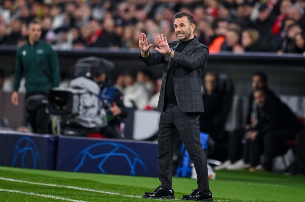 Galatasaray's Okan Buruk gestures during the UEFA Champions League match against Bayern Munich at Allianz Arena, Munich, Germany, Nov. 8, 2023. (Getty Images Photo)