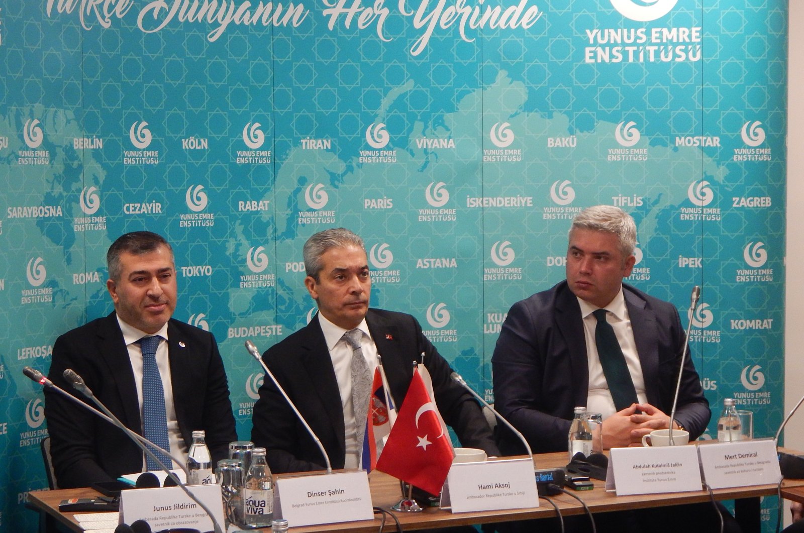 Türkiye’s ambassador to Serbia Hami Aksoy is seen together with YEE Deputy Chairperson Kutalmış Yalçın and YEE Serbia Coordinator Dinser Şahin in Belgrade, Serbia, Dec. 20, 2023 (AA Photo)