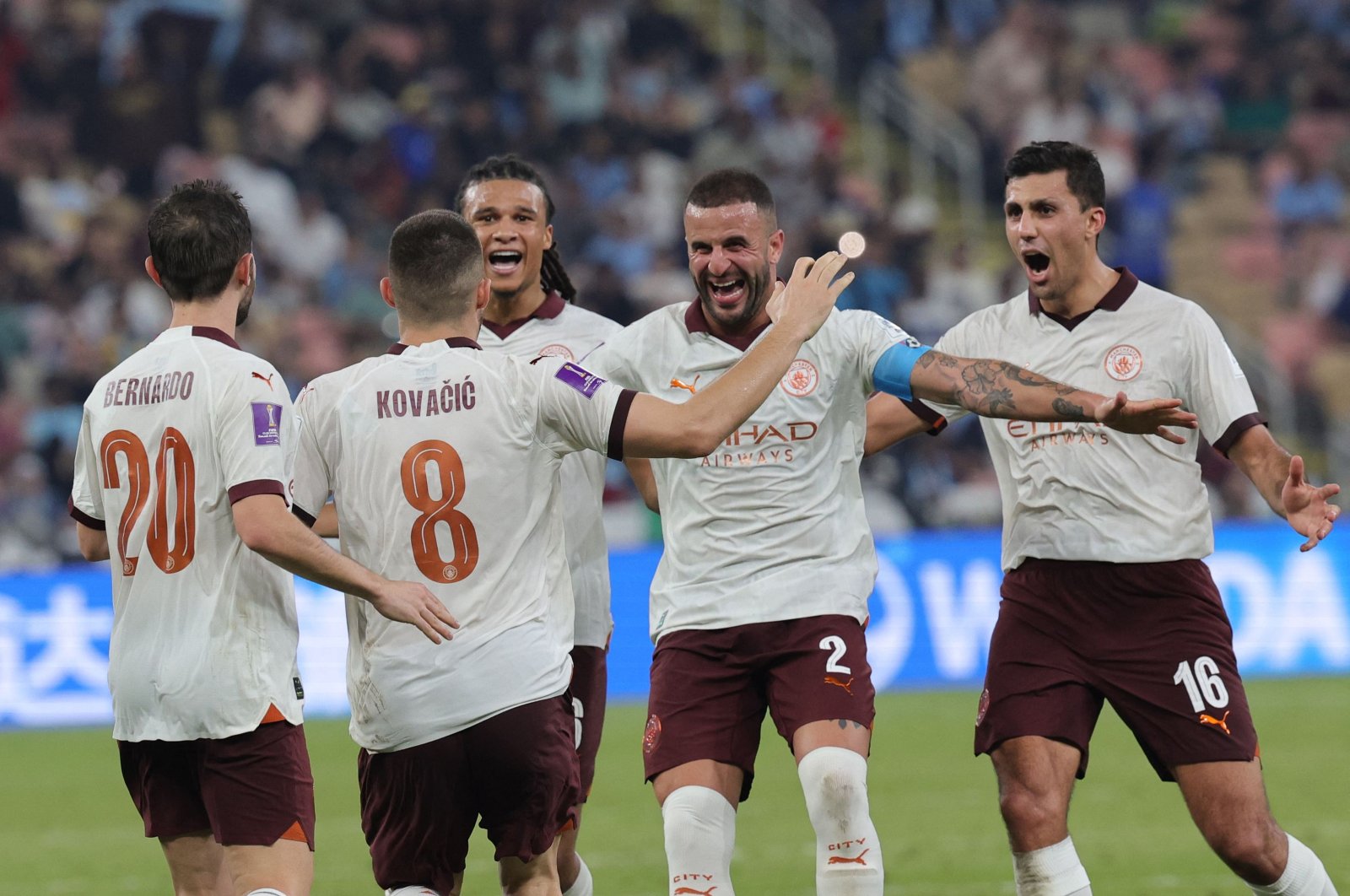Manchester City's Mateo Kovacic (2nd L) celebrates with teammates after scoring his team's second goal during the FIFA Club World Cup football semifinal match between England's Manchester City and Japan's Urawa Red Diamonds at King Abdullah Sports City, Jeddah, Saudi Arabia, Dec. 19, 2023. (AFP Photo)