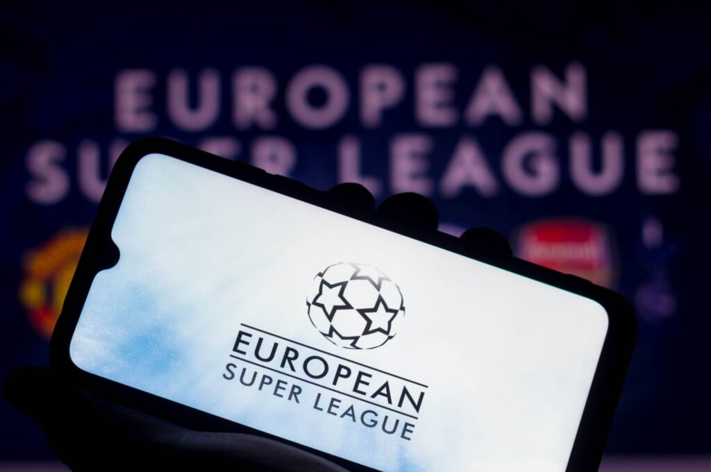 In this photo illustration, the European Super League logo is seen displayed on a smartphone screen, Sao Paolo, Brazil, April 20, 2021. (Getty Images Photo)