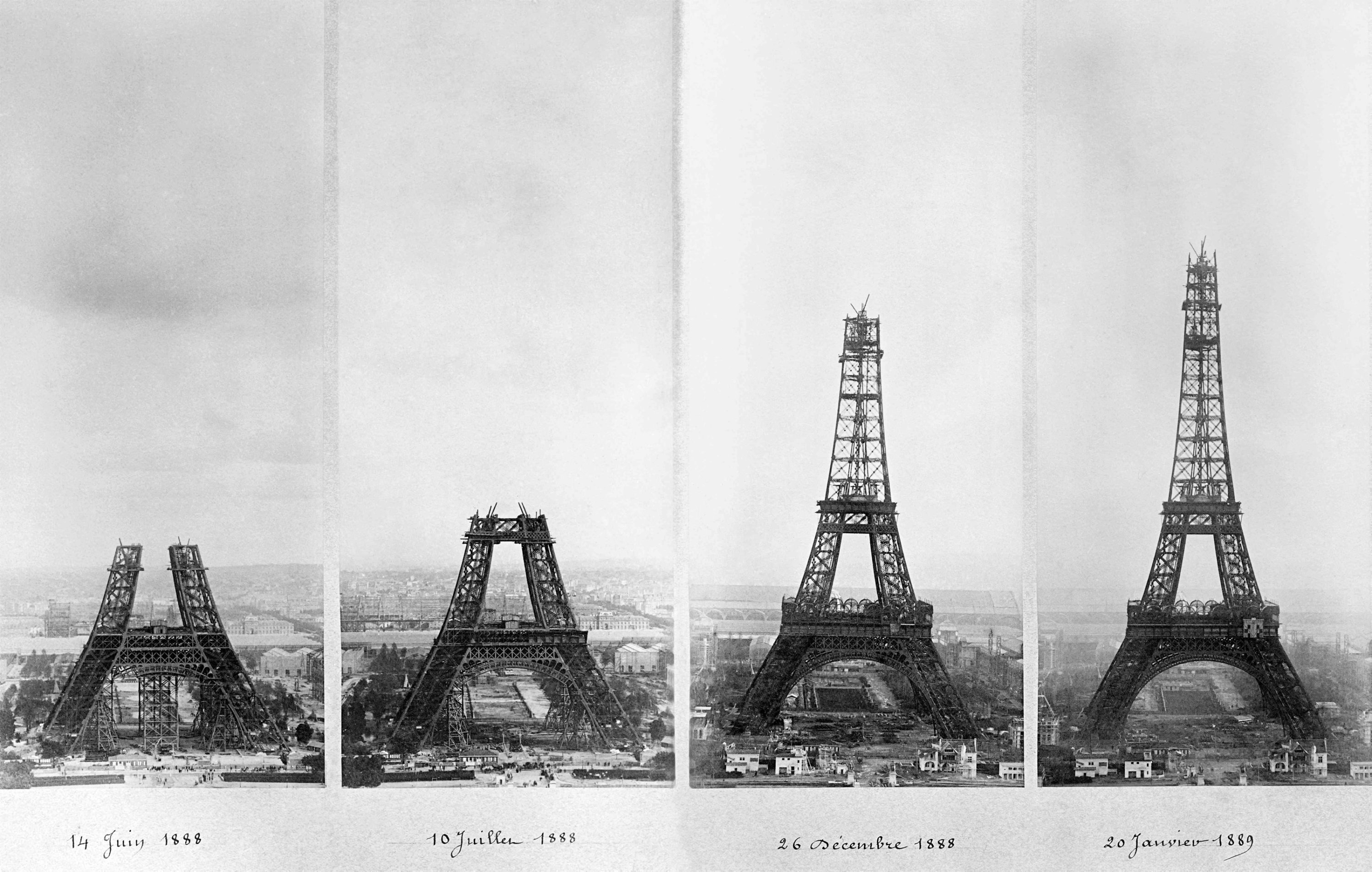 306667 Combination of 4 pictures of the Eiffel Tower's construction (L-R), the Eiffel Tower photographed on June 14, 1888, July 10, 1888, Dec. 26, 1888 and Jan. 20, 1889, Paris, France, Dec. 27, 2023. (AFP Photo)
