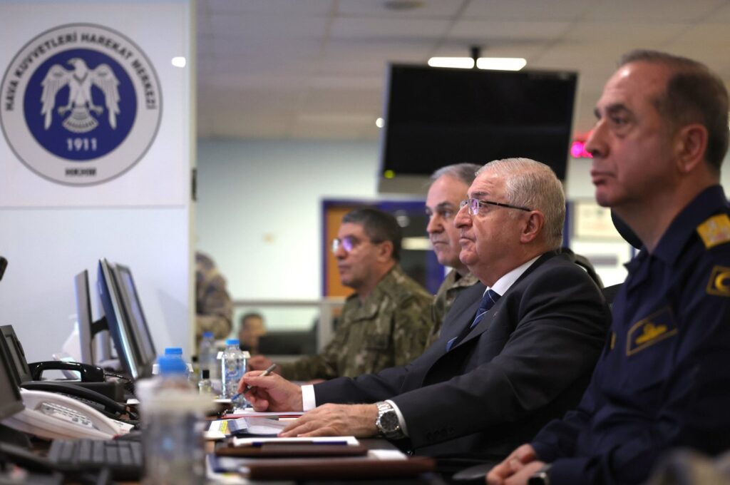 Defense Minister Yaşar Güler oversees airstrikes at the Air Forces Command Center, in Eskişehir, central Türkiye, Dec. 23, 2023. (AA Photo)