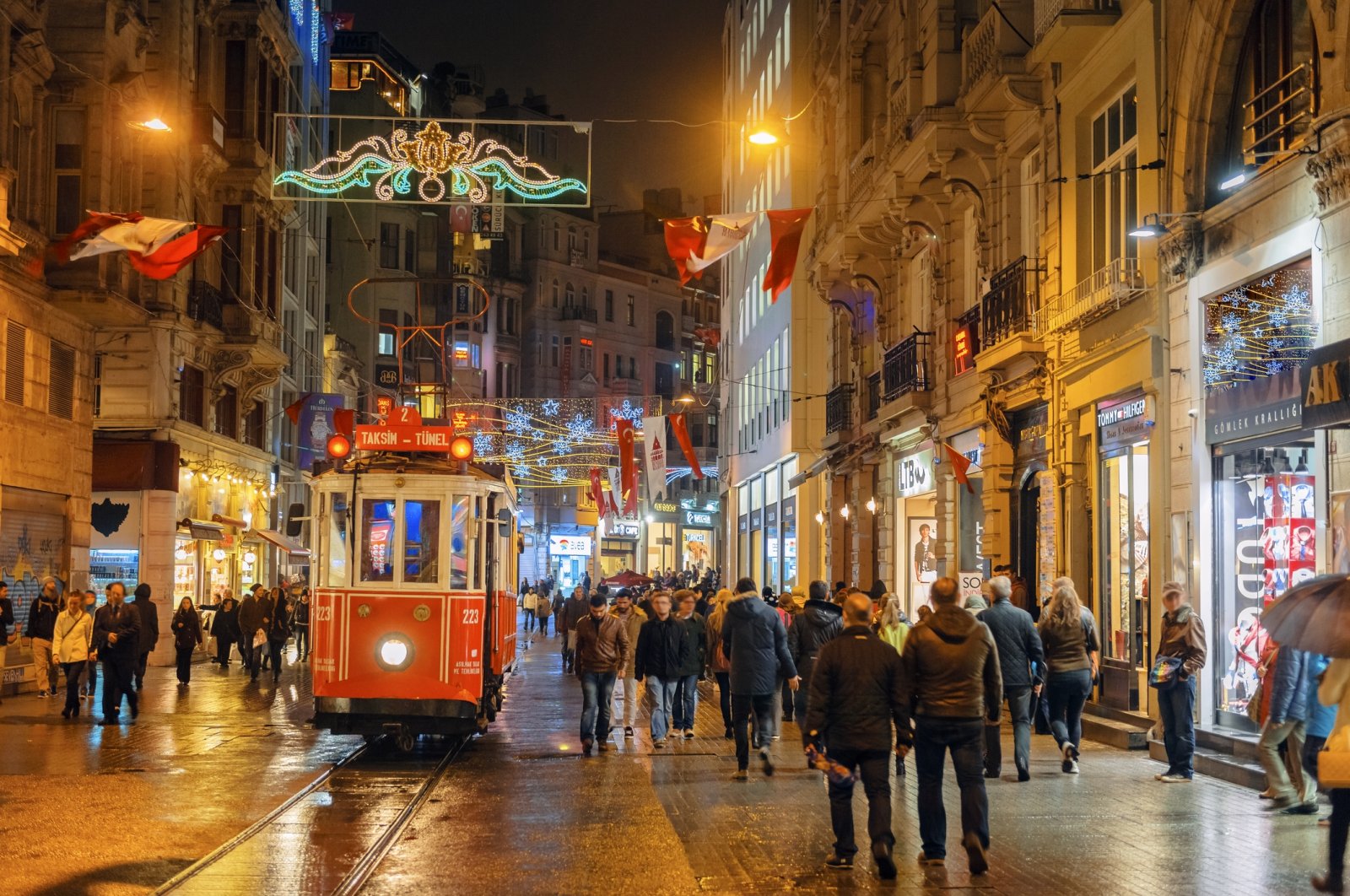 Taksim's famous İstiklal Street is illuminated with festive lights for the new year, Istanbul, Türkiye. (Getty Images)