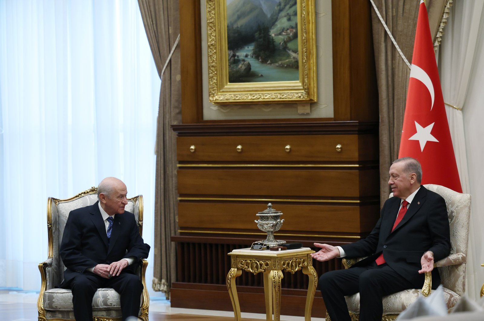 MHP leader Devlet Bahçeli attends a meeting with President Recep Tayyip Erdoğan, in the capital Ankara, Türkiye, Nov. 29, 2023. (İHA Photo)
