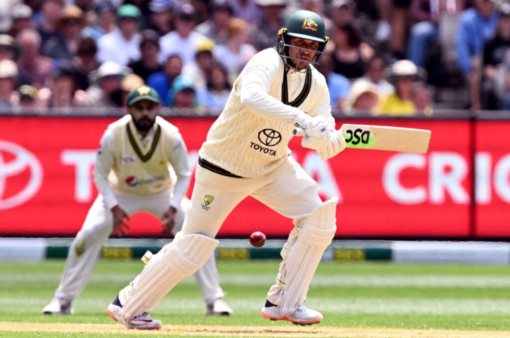 Australia's batsman Usman Khawaja plays a shot on the first day of the second cricket Test match between Australia and Pakistan at the Melbourne Cricket Ground (MCG), Melbourne, Australia, Dec. 26, 2023. (AFP Photo)