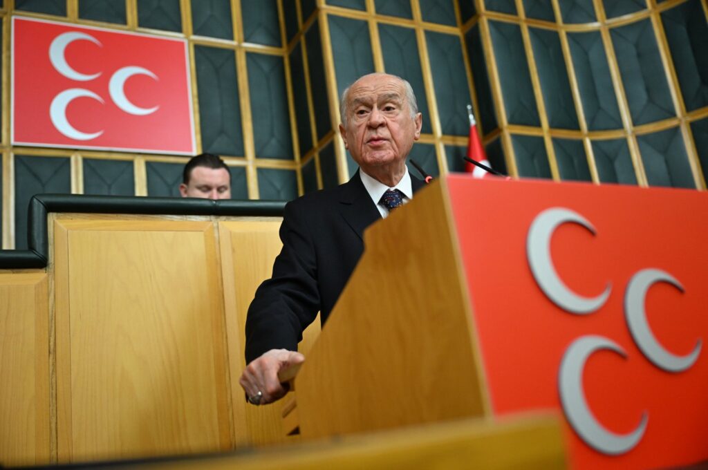 Nationalist Movement Party (MHP) Chair Devlet Bahçeli speaks at his party's group meeting at Parliament in Ankara, Türkiye, Dec. 26, 2023. (AA Photo)